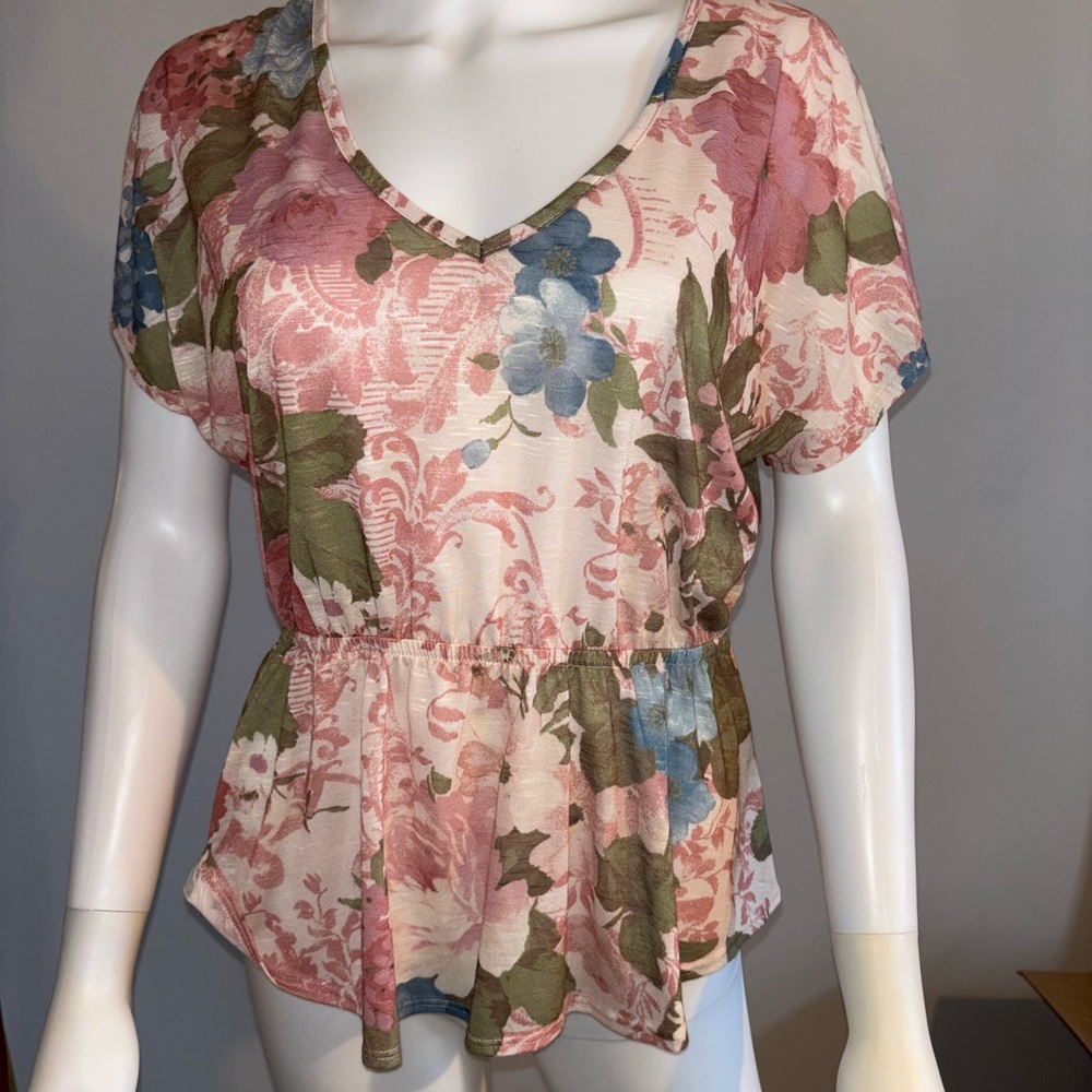 A. Byer Pink and Blue Peplum Short Sleeve Blouse